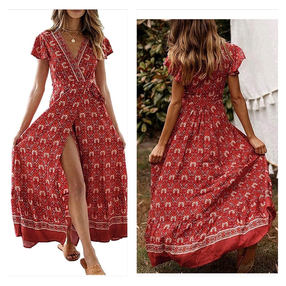 Bohemian Floral Printed Wrap V Neck Short Sleeve Split Beach Party Maxi Dress